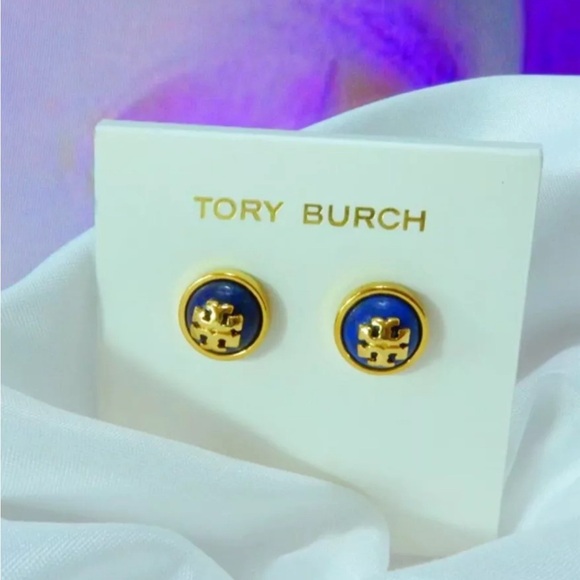 Tory Burch Earrings Blue & Gold Color Logo Brass Melodie Logo Stud Dome. New! - Picture 1 of 3